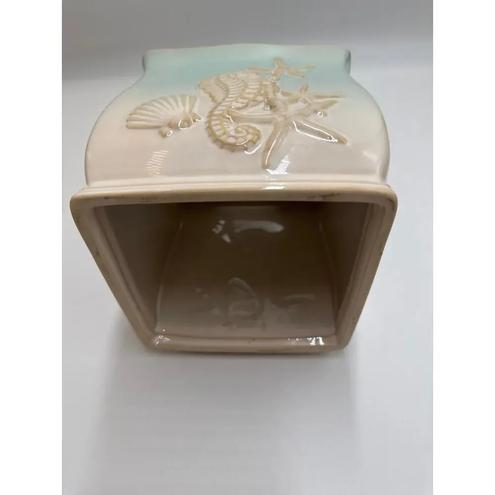Coastal Ceramic Tissue Box Cover Seahorse Starfish Aqua Beach Bathroom Decor